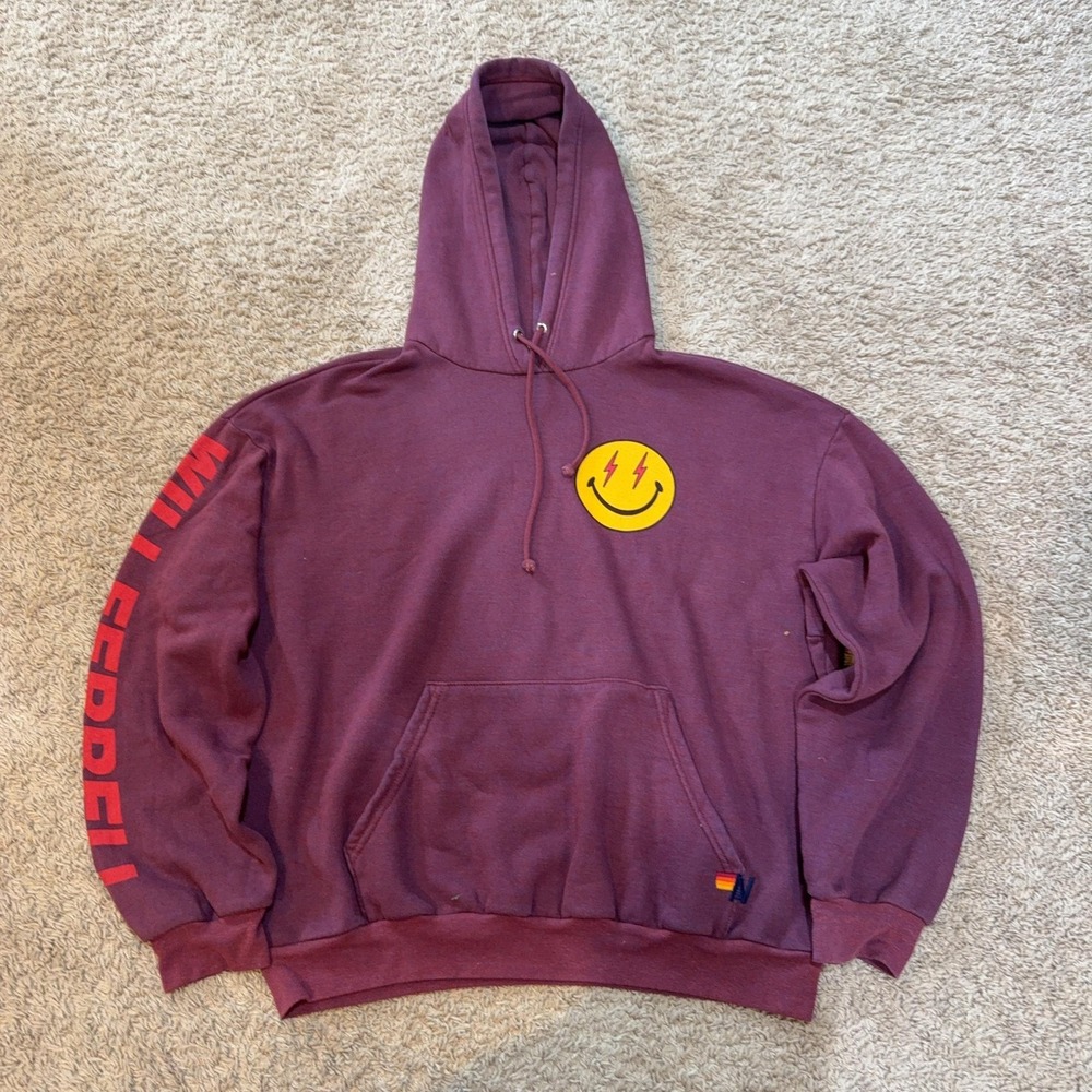 Aviator Nation Hoodie Mens Small Purple Will Ferrell Smiley Graphic Pullover
